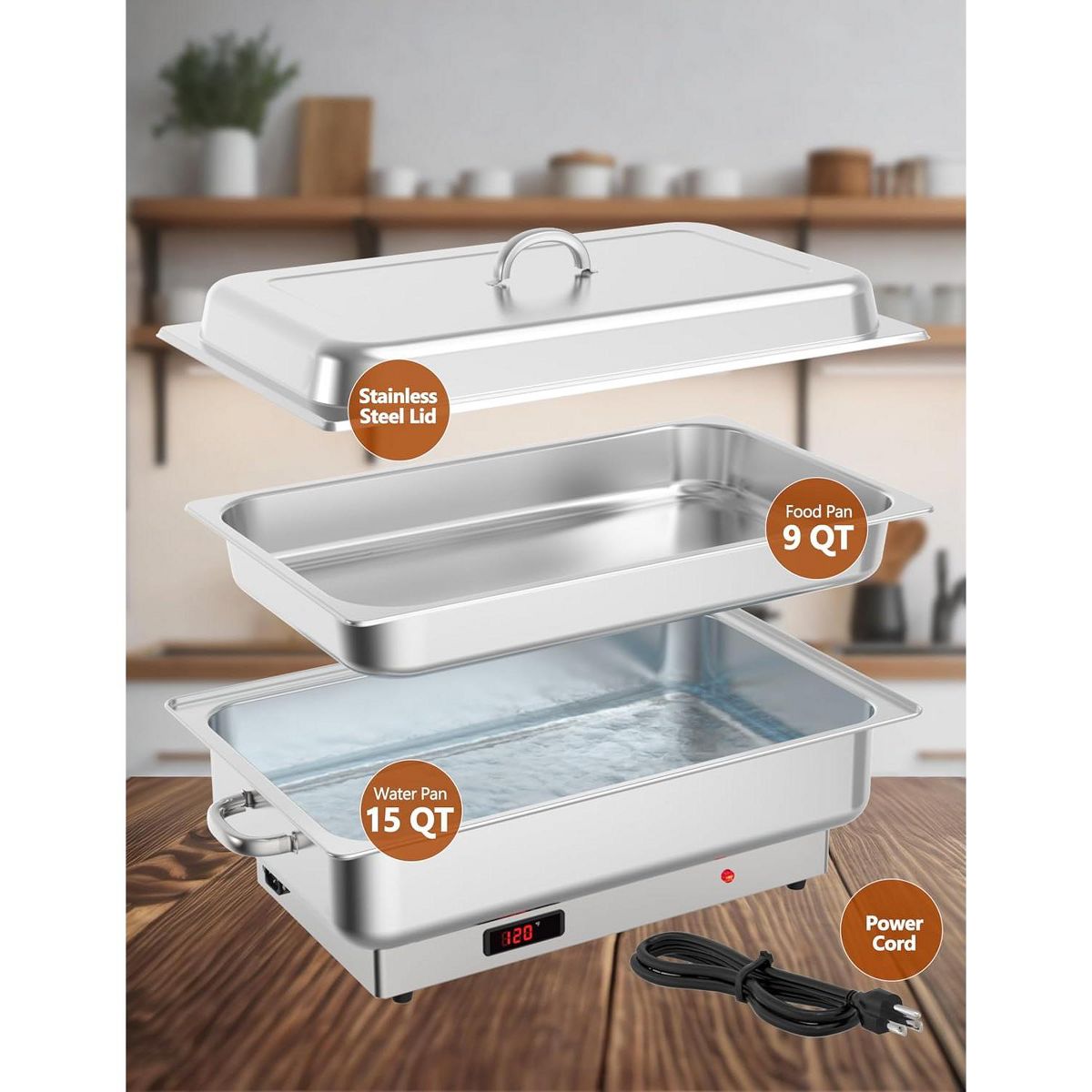 Electric Chafing Dish Buffet Set - 9QT Stainless Steel Food Warmer with Temperature Control Display-Includes Lid,Commercial Kitchen Catering Chafer - thumbnail 7