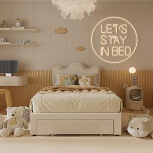 Bed Frame with Adjustable Upholstered Headboard Girls Boucle Platform Bed Frame with Storage Drawers Princess Bed Frame for Kids - 1 of 4