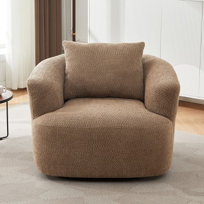Modern Brown Upholstered 38.2" Swivel Accent Chair with Rounded Arms and Pillow for Living Room or Office Seating-Maison Boucle