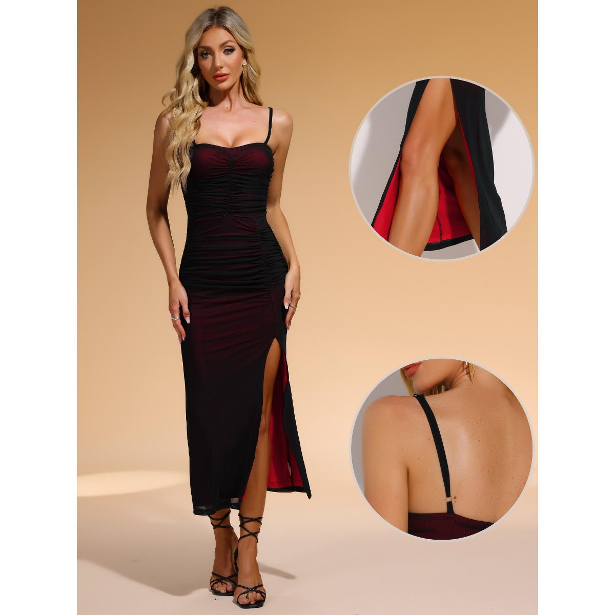 Женские платья INSPIRE CHIC Women's Square Neck Spaghetti Straps Mesh Side Slit Bodycon Maxi Dress Medium Black Red — фото 2