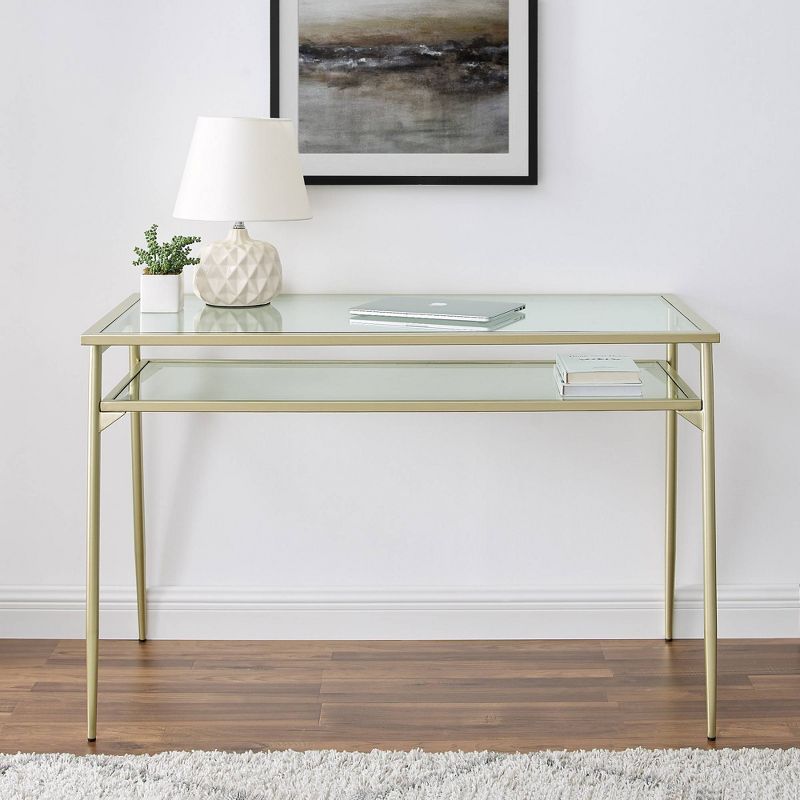 Modern 2 Tier Glass Top Writing Desk with Metal Legs Gold - Saracina Home, 5 of 9
