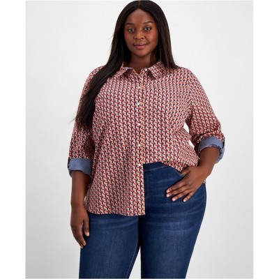 Tommy Hilfiger Womens Printed Roll Tab Button Up Shirt, Multicoloured, 2X