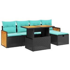 vidaXL 6 Piece Patio Sofa Set with Cushions Black Poly Rattan - Black without storage - 1 of 4