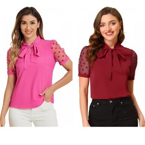 INSPIRE CHIC Women's Bow Tie V Neck Stand Collar Short Mesh Sleeve Blouse 2 Packs - 1 of 4