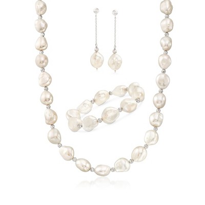 Ross-Simons 11-12mm Cultured Baroque Pearl and Sterling Silver Jewelry Set: Earrings, Bracelet and Necklace