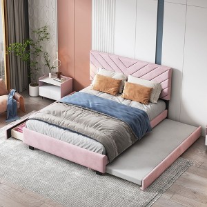 Queen Size Wooden Upholstered Platform Bed Frame with Twin XL Pullout Trundle Bed, and Two Drawers 4Q -ModernLuxe - 1 of 4