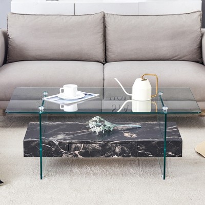 FURNIinspire Coffee Tables Modern Two-Tier Coffee Table, Clear Tempered Glass and Black Marble Texture, Multifunctional Storage, Black, 43"*24"*17"