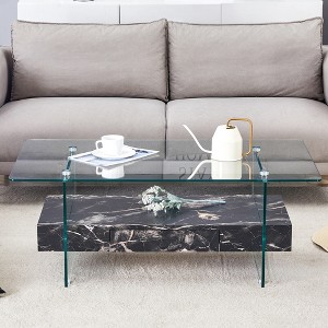FURNIinspire Coffee Tables Modern Two-Tier Coffee Table, Clear Tempered Glass and Black Marble Texture, Multifunctional Storage, Black, 43"*24"*17" - 1 of 4