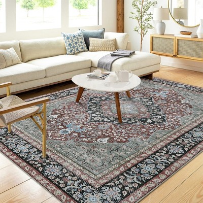 Vintage Distressed Area Rug for Living Room Traditional Medallion Stain Resistant Accent Rug, 8' x 10' Red