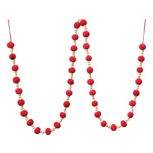 Storied Home Wool Felt Ball Garland with Wood Beads, Red - 1 of 4