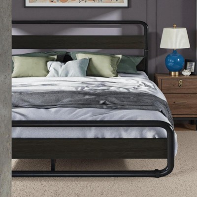 King Size Metal Bed with Curved Wood Head & Footboard, Heavy Duty Platform Bed Frame, Under-Bed Storage, Easy Assembly, Black