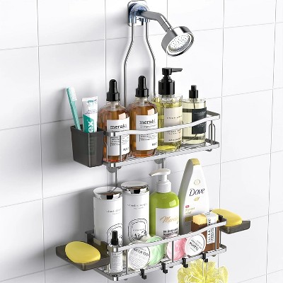 LunaLulinlk Hanging rust-proof shower shelf, shelf above shower head - no drilling required, can hold shampoo and soap, Silver
