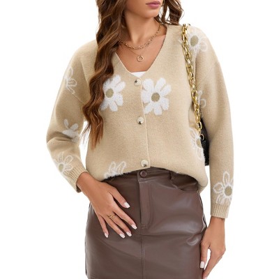 INSPIRE CHIC Women's Floral V Neck Button-Down Open Front Long Sleeve Knit Sweaters