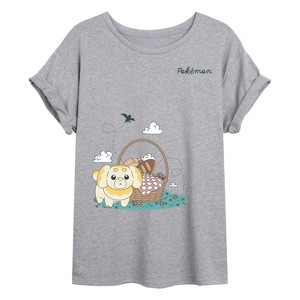 Women's Pokémon Fidough Picnic  Faux Multi Oversized Graphic T-Shirt - Heather Grey - Small - 1 of 4