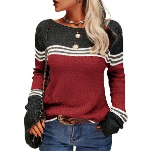 Imily Bela Women's Spring and Autumn Fashion Sweater, Color-Block Lightweight Striped Round Neck Trendy Pullover for Winter - 1 of 4