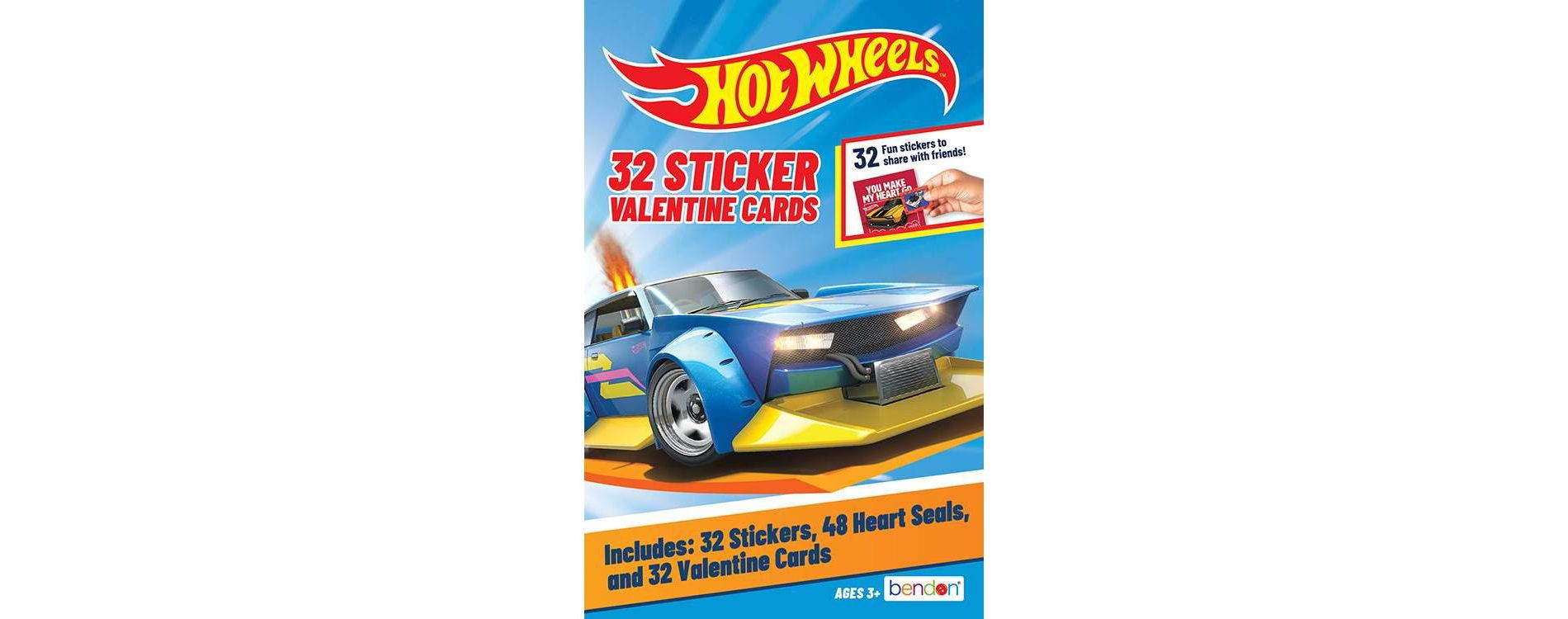 Bendon 32ct Mattel Hot Wheels Deluxe Stickers and Valentine's Day Cards with 48ct Heart Seals