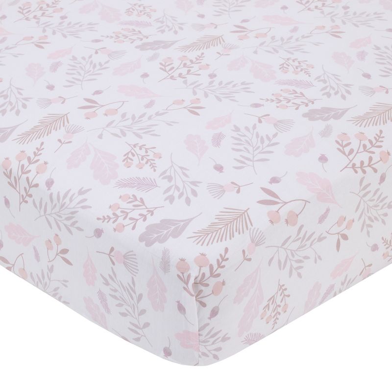 NoJo Sweet Bunny Floral Leaf Pink, White, and Taupe 100% Cotton Nursery Fitted Crib Sheet, 1 of 2