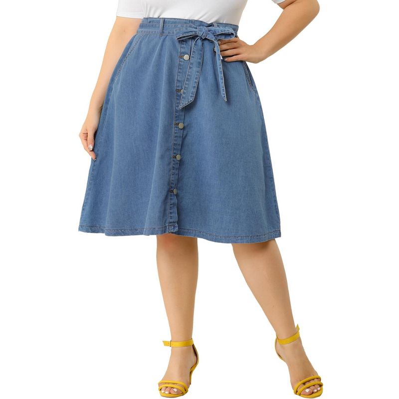 Agnes Orinda Women's Plus Size Denim Tie Waist Button Front A-Line Midi Skirts, 4 of 7