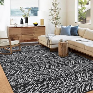 Washable Area Rug Non-Slip Modern Neutral Carpet - Low Pile Stain-Resistant Rug for Living Room, Bedroom, Dorm (Black) - 1 of 4