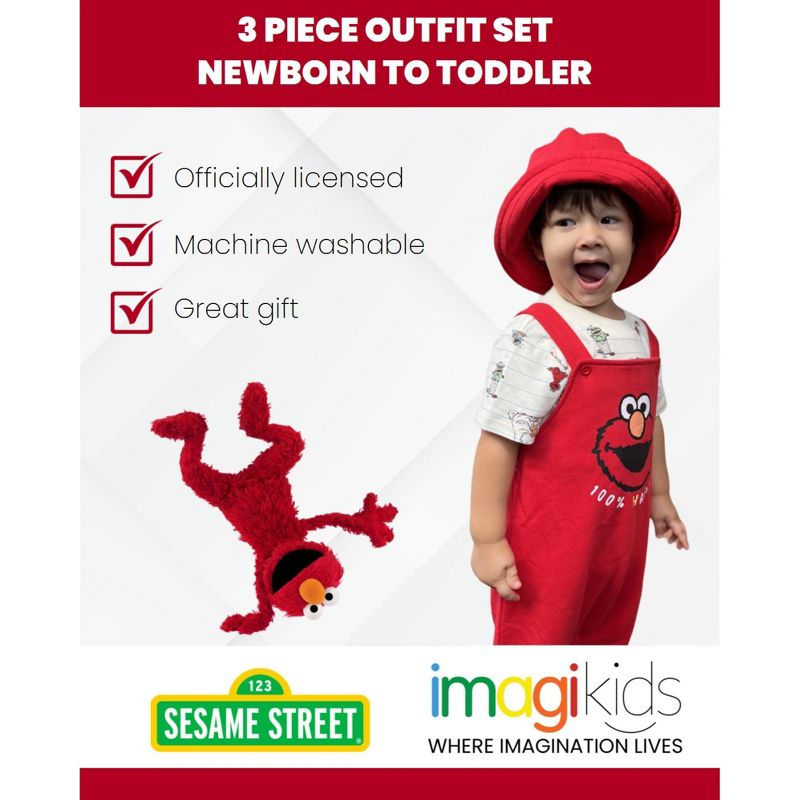 Sesame Street Elmo Baby French Terry Short Overalls T-Shirt and Hat 3 Piece Outfit Set Newborn to Infant, 3 of 12