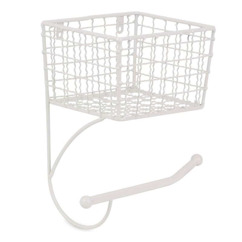Antique White Metal Farmhouse Toilet Paper Holder with Storage Basket