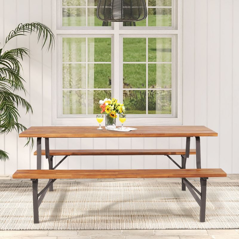Costway Acacia Wood Patio Picnic Table Bench Set  with 71'' Tabletop ＆ 2'' Umbrella Hole, 4 of 10