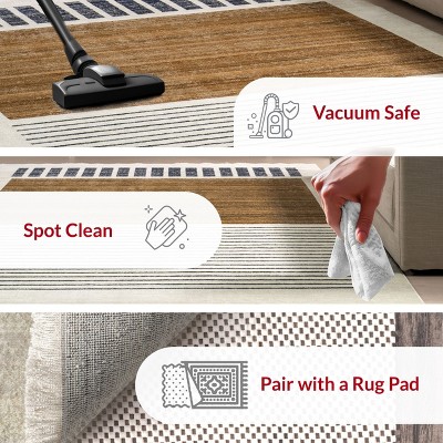 Keeva Beige and Black Striped Synthetic Area Rug