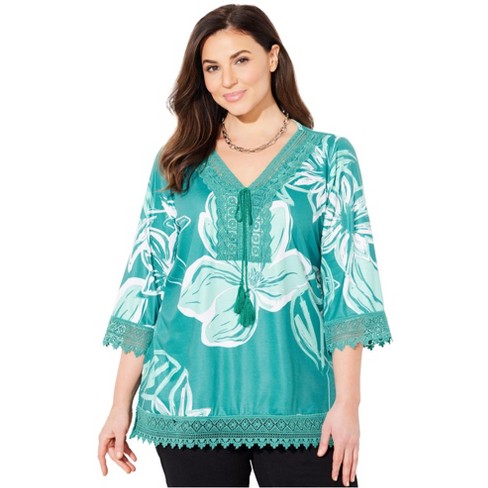 OLLEBOREBLA レディーストップス　Mサイズ Just My Size Women's Plus-Size Slub Crochet Bib Tunic – Floral