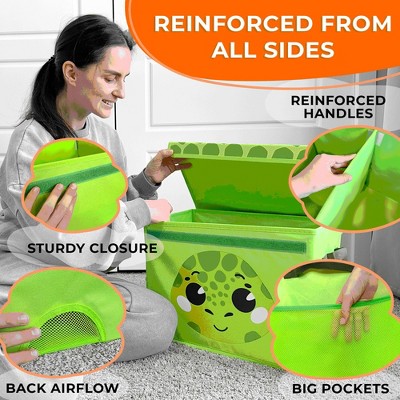 Green Turtle Fabric Collapsible Toy Storage Box with Flip-Top Lids