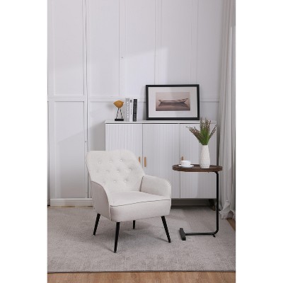 LOVMOR Mid Century Linen Fabric Accent Chair, Upholstered Armchair with Metals Leg and Tufted Button Backrest, for Living room, Beige