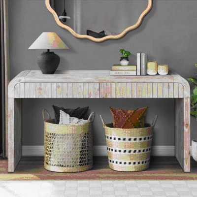 VYNXARIA 59inch Farmhouse Curved Vintage Storage Sideboard with Large Wooden Handles,Vertical Wood Grain Carving and Adjustable Shelves