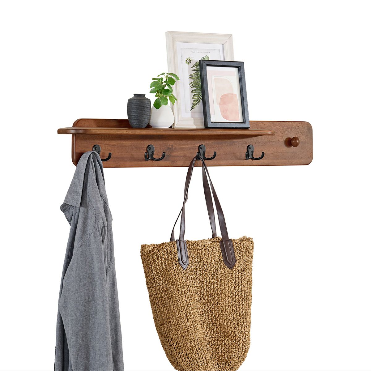 Alaterre Furniture Calais Coat Rack with Shelf, Wall Mount Shelf with 4 Coat Hooks and Peg, Acacia Wood Wall Hangers, Warm Chestnut