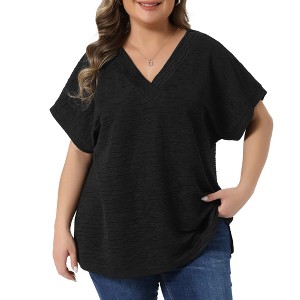Women's Plus Size Textured V Neck Short Sleeve Solid Summer Casual Blouses - Agnes Orinda - 1 of 4