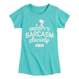 Girls' - Peanuts - Snoopy Sarcasm Society Fitted Short Sleeve Graphic T-Shirt - 1 of 4
