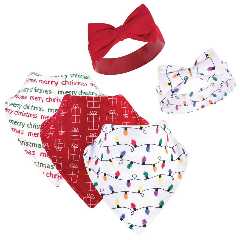 Hudson Baby Infant Girl Cotton Bib and Headband Set 5pk, Christmas Lights, One Size, 1 of 4