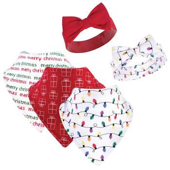 Hudson Baby Infant Girl Cotton Bib and Headband Set 5pk, Christmas Lights, One Size