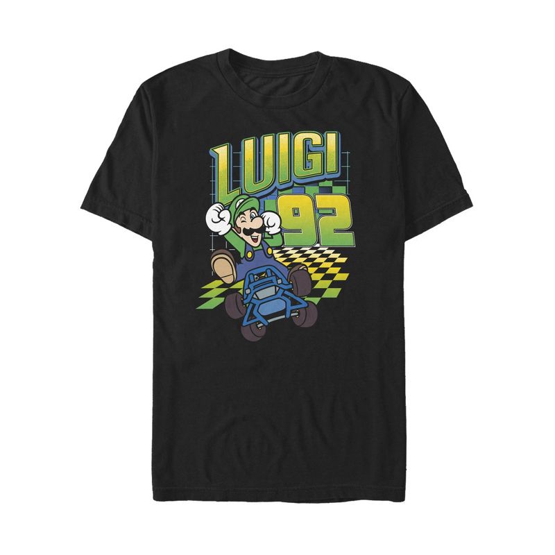 Men's Nintendo Mario Kart Luigi Neon Checkered 9Logo T-Shirt, 1 of 5
