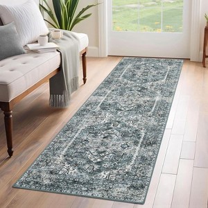 Vintage Washable Area Rugs, Low Pile Soft Carpet with Distressed Trellis Pattern, Foldable Thin Indoor Accent Rug for Living Room Bedroom Dining Room - 1 of 4