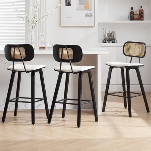 Bekrvio 26" Counter Height Bar Stools-Mid Century Modern Wood Frame,PU Leather Upholstered with Rattan Back, Kitchen Island Counter Stools - 1 of 4