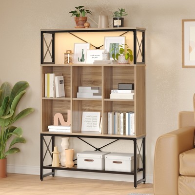 Bestier 43" W Bookshelf with LED Light, Industrial Bookcase Wood Shelves with 6 Cubes & 3 Open Storage Shelves