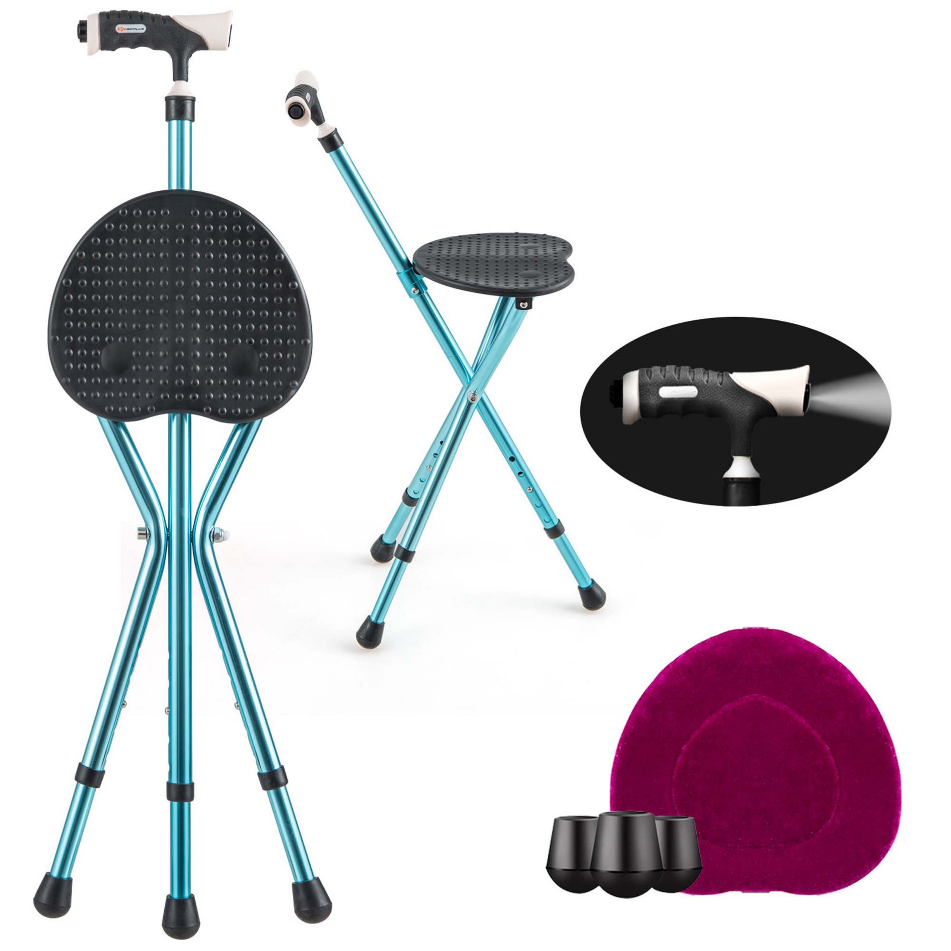 Costway Adjustable Folding Cane Seat Stool Aluminum Alloy Crutch Chair with Light Black