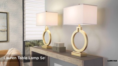Gold Open Ring Table Lamps with USB Ports and White Shades, Set of 2