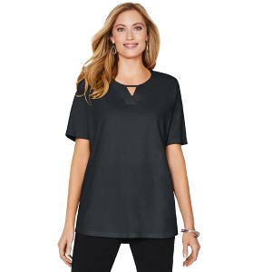 Catherines Women's Plus Size Suprema Pleat-Neck Tee - 1 of 4
