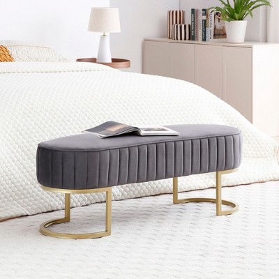 CAVINAS Oval Velvet Storage Ottoman Bench with Golden Metal Legs,Upholstered Storage Ottoman,Storage Benches for Living Room,Bedroom