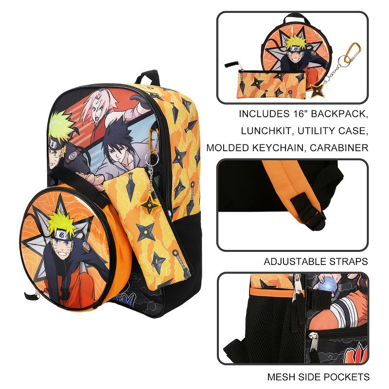 Naruto Anime Character Print Orange and Black 5-Piece Backpack Set For Boys, 4 of 9