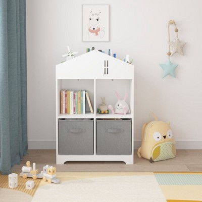 Kids Bookshelf with Toy Storage Organizer, Child Bookcase with 2 Fabric Drawers for Nursery, Bedroom, Playroom, Toys & Books Display Organizer Gray