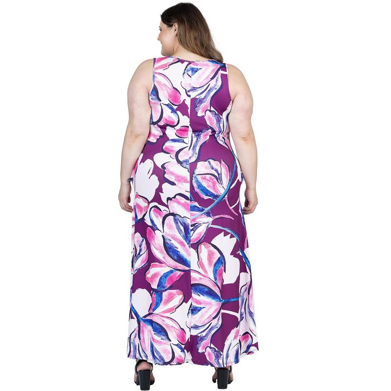 24seven Comfort Apparel Plus Size Casual Purple Floral Scoop Neck Sleeveless Maxi Dress With Pockets, 3 of 7