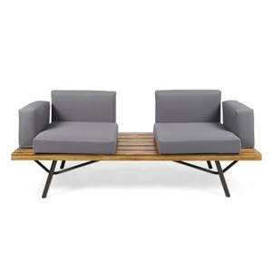 GDFStudio Baish Outdoor Acacia Wood 2 Seater Sofa with Cushions, Teak, Dark Gray, and Rustic Metal - 1 of 4