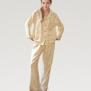 Anna-Kaci Lounge Women's Bow Print Woven Pajama Set with Long Sleeve Collared Top and Relaxed Fit Pants - 1 of 4