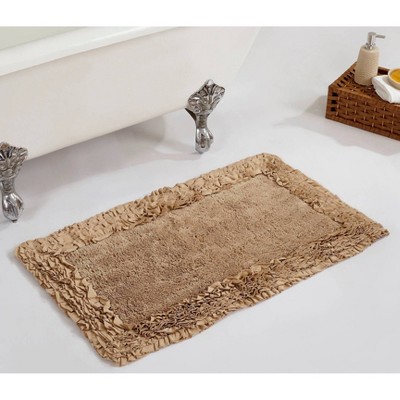Taupe Cotton Shaggy Border Bath Rug with Ruffles